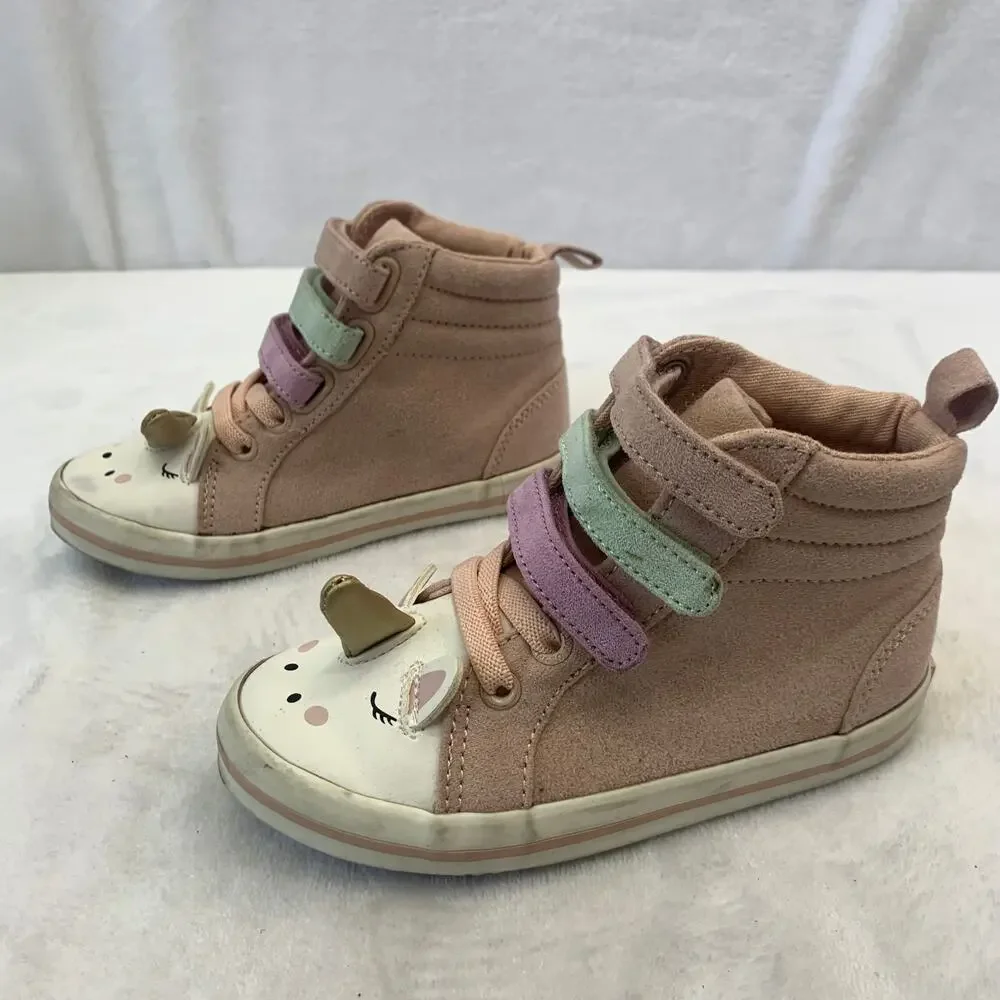 Unicorn Toddler Girls Sz 8 High Top Zip Up Sneakers Pink Glittery Unicorn Face